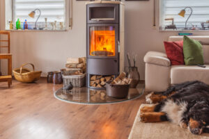 Un poêle à bois dans un salon avec un chien