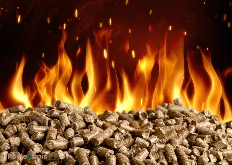 Des granulés de bois devant un feu.