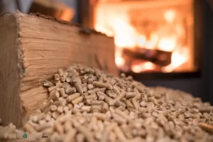 Des pellets et une buche de bois devant un poêle à bois.