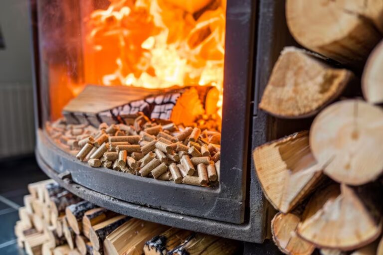 Poêle à bois en fonctionnement avec flammes vives, bûches et granulés en gros plan.
